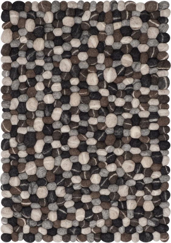 Myfelt Filzkugel Teppich 140x200 cm, handgefertigt aus Schurwolle in Grau-, Braun- und Beigetönen.